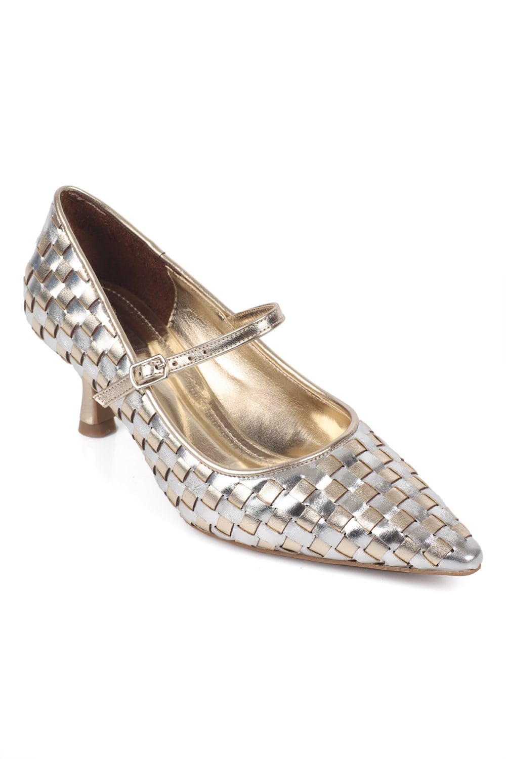 Capone Gerta Suede Look Handwoven Pointed Toe Women Gold Mary Jane Shoes