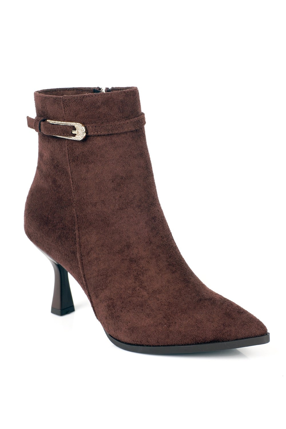 Capone Gianna Suede Look Crystal Embellished Buckle Pointed Toe Mid Heel Elegant Women Sued Brown Ankle Boot