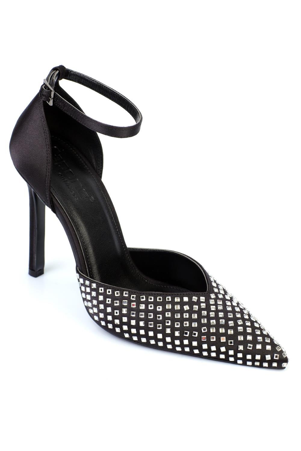 Capone Heeled Pointed Toe Crystal Embellished Ankle Strap Stylish Women Satin Black Shoes