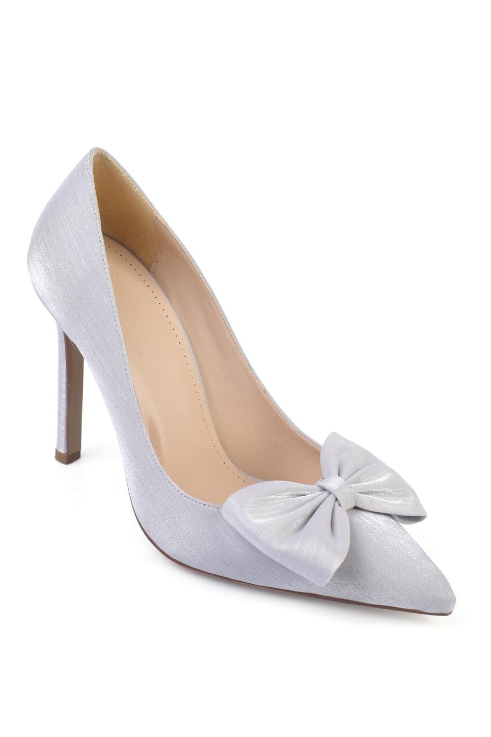 Capone High Heeled Bow Tie Satin Women Silver Evening Shoes
