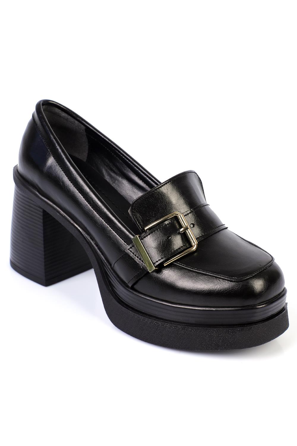 Capone High-Sole Heeled Buckled Loafers Women Black Shoes