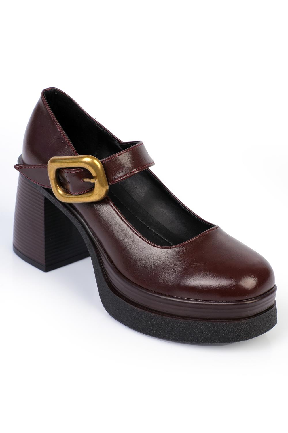 Capone High-Sole Heeled Buckled Mary Jane Women Burgundy Shoes