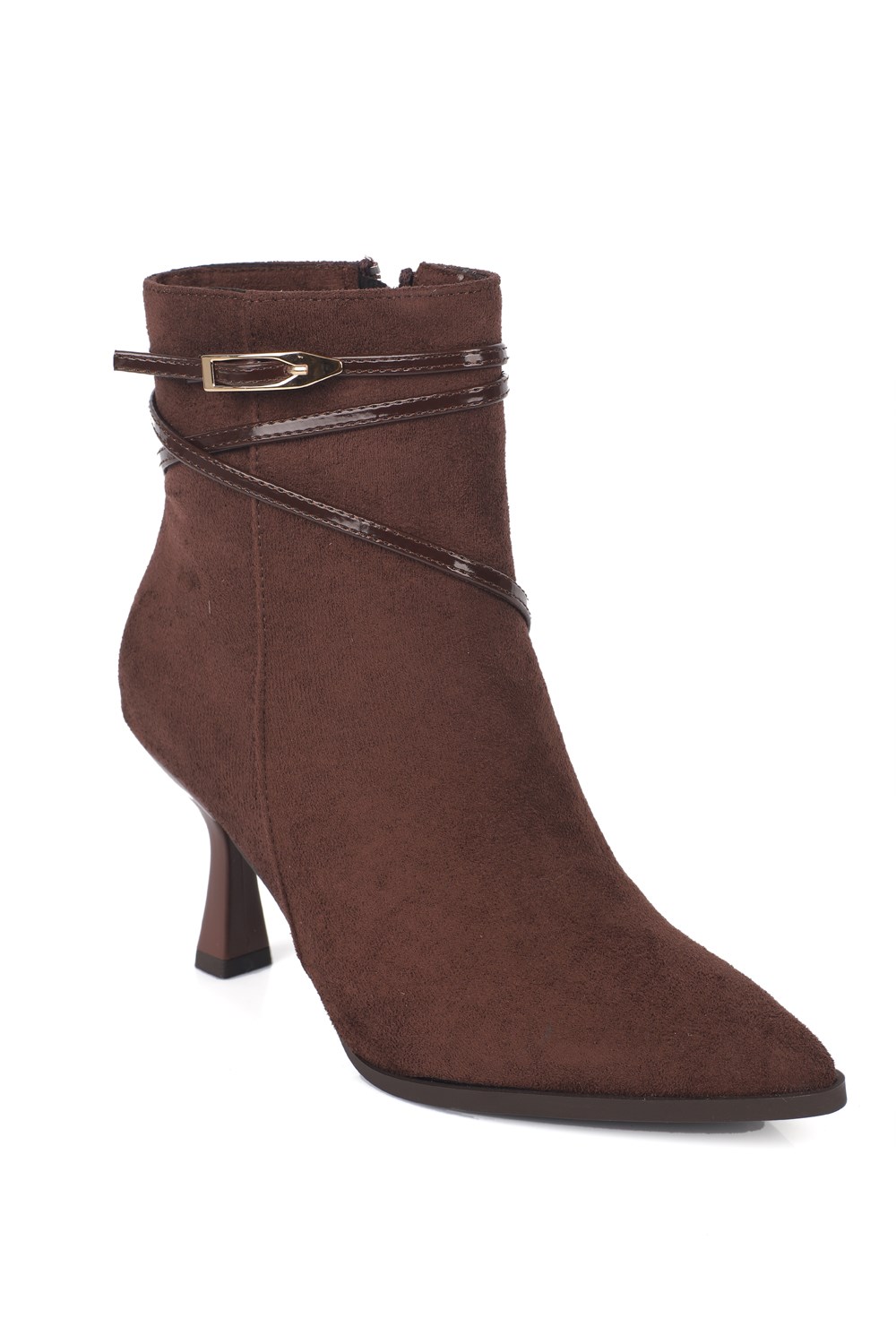 Capone Isabella Buckle Pointed Toe Elegant Heeled Women Sued Brown Ankle Boot
