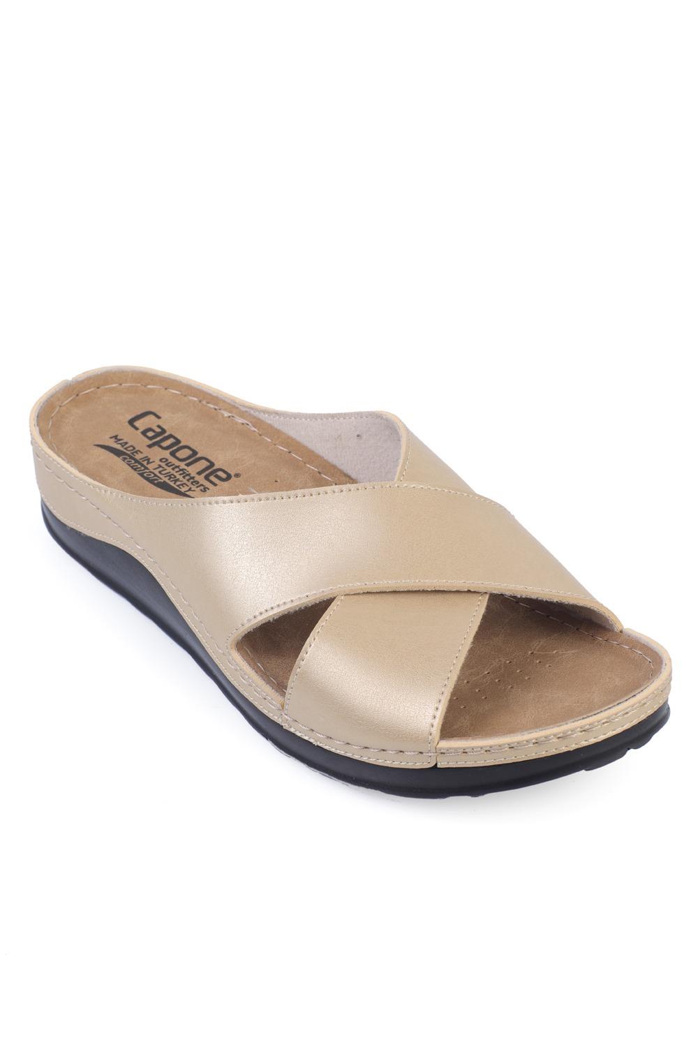 Capone Ivory 107001 Women Gold Cross Band Slide Comfort Anatomical Sandals