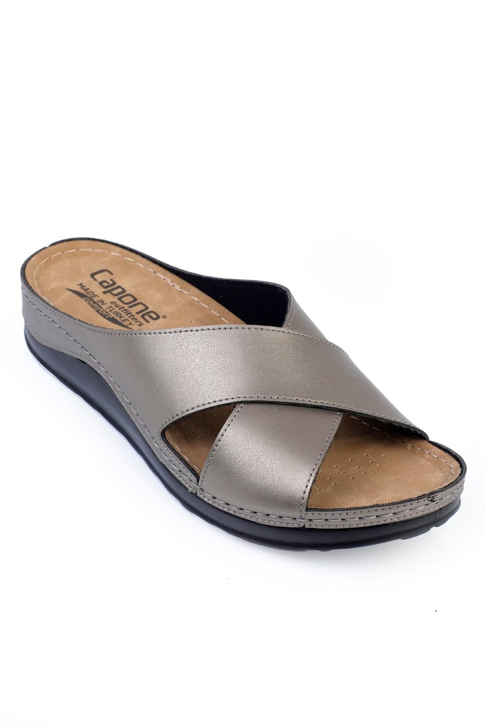 Capone Ivory 107001 Women Platinum Cross Band Slide Comfort Anatomical Sandals
