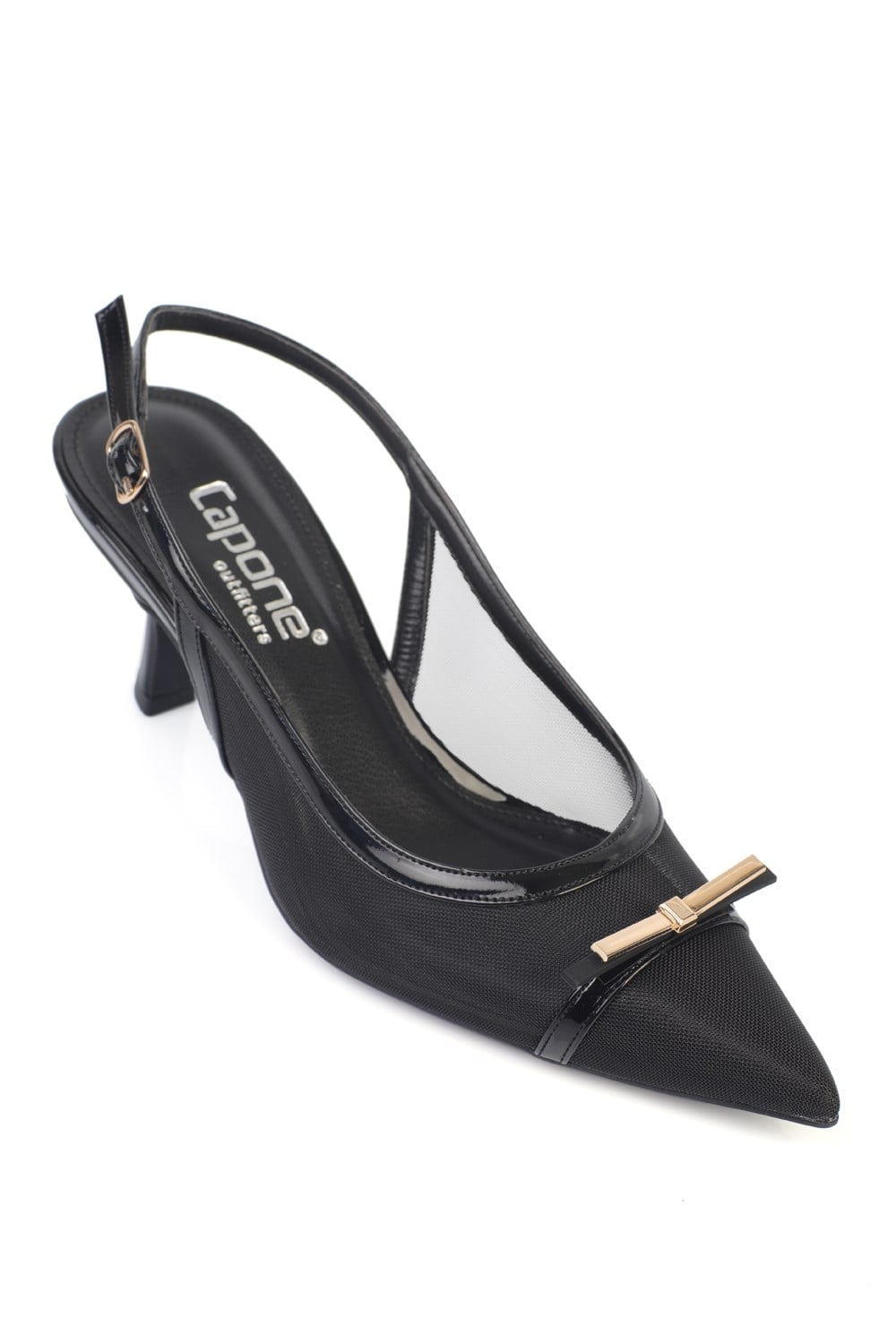 Capone Joya Mesh Pointed Toe Open Back Mid Heel Women Black Shoe