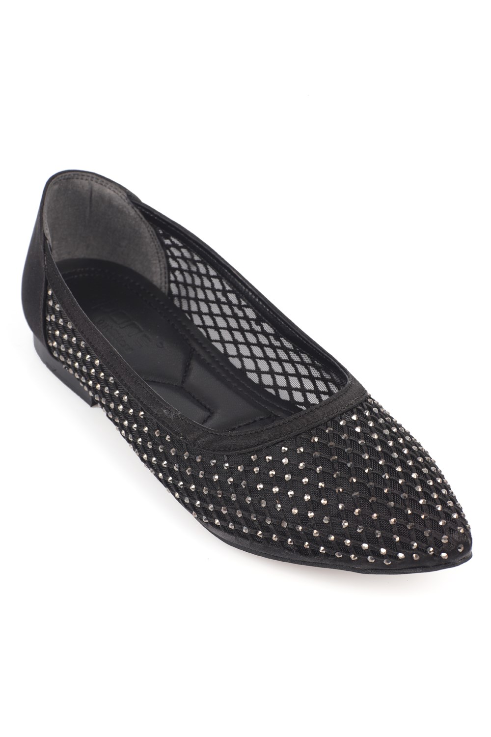 Capone Kathlene Pointed Toe Crystal Embellished Mesh Women Satin Black Wedding Ballet Flat