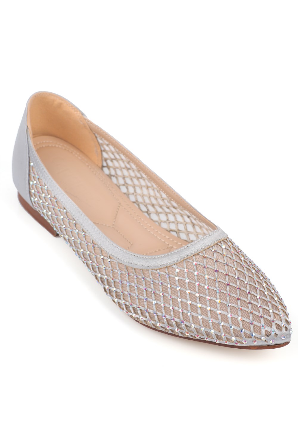 Capone Kathlene Pointed Toe Crystal Embellished Mesh Women Silver Wedding Ballet Flat