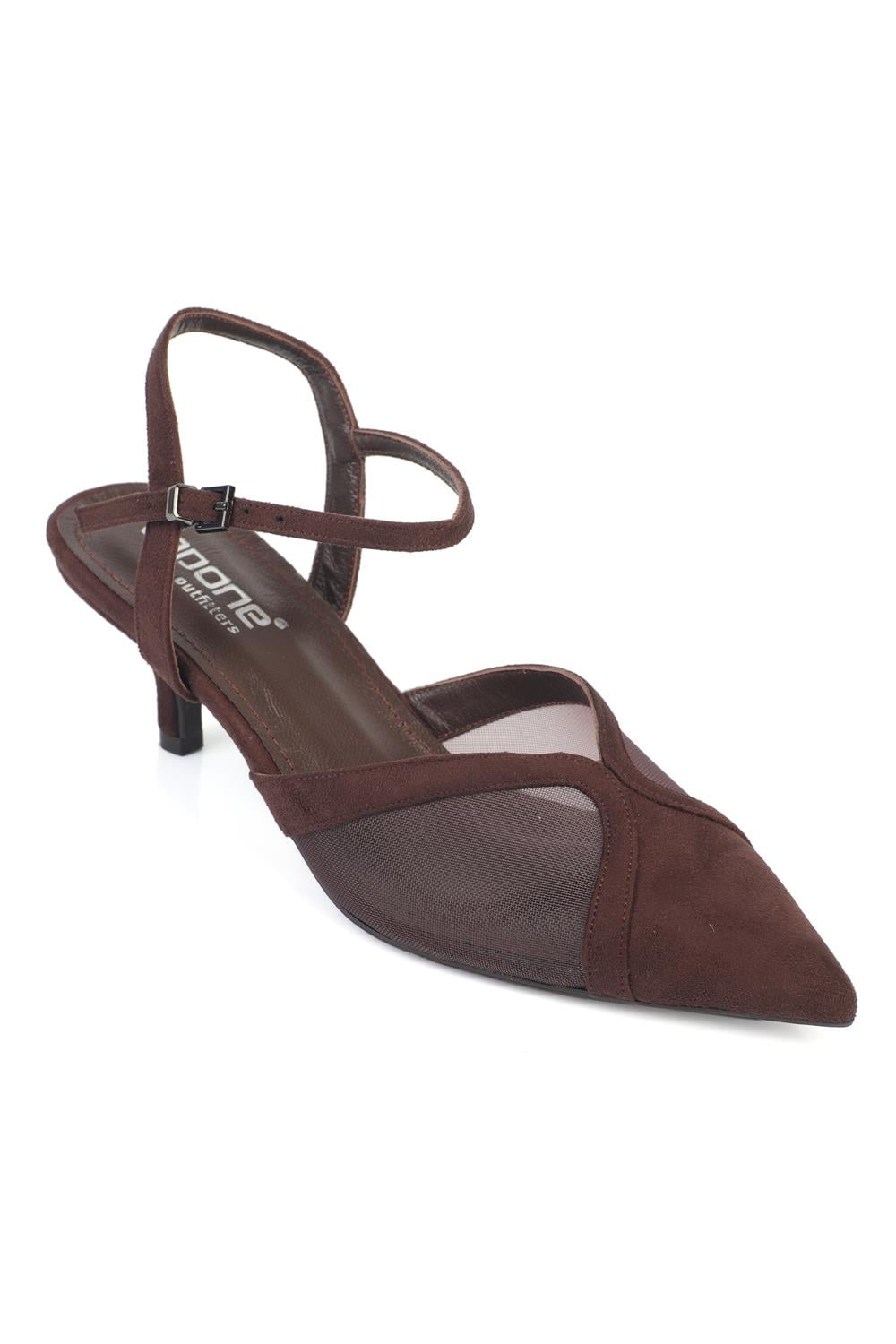 Capone Kathryn Genuine Leather Lined Pointed Toe Mid Heel Mesh Suede Look Open Back Women Sued Brown Shoe