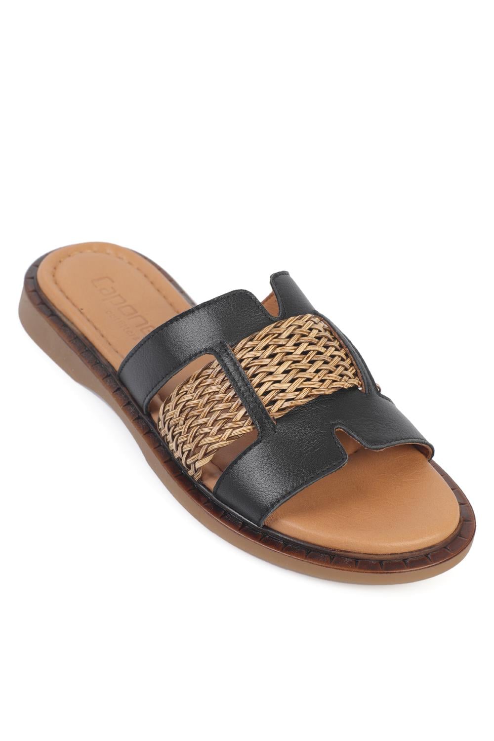 Capone Kayla Genuine Leather Raffia Flat Heel Women Black Sandal