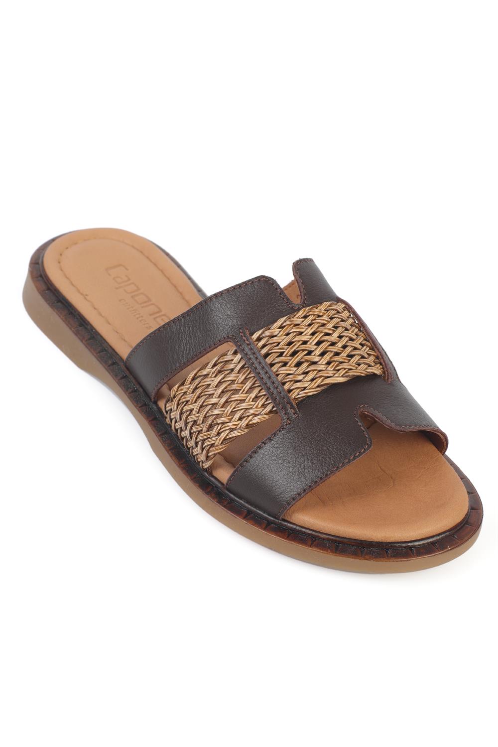 Capone Kayla Genuine Leather Raffia Flat Heel Women Brown Sandal