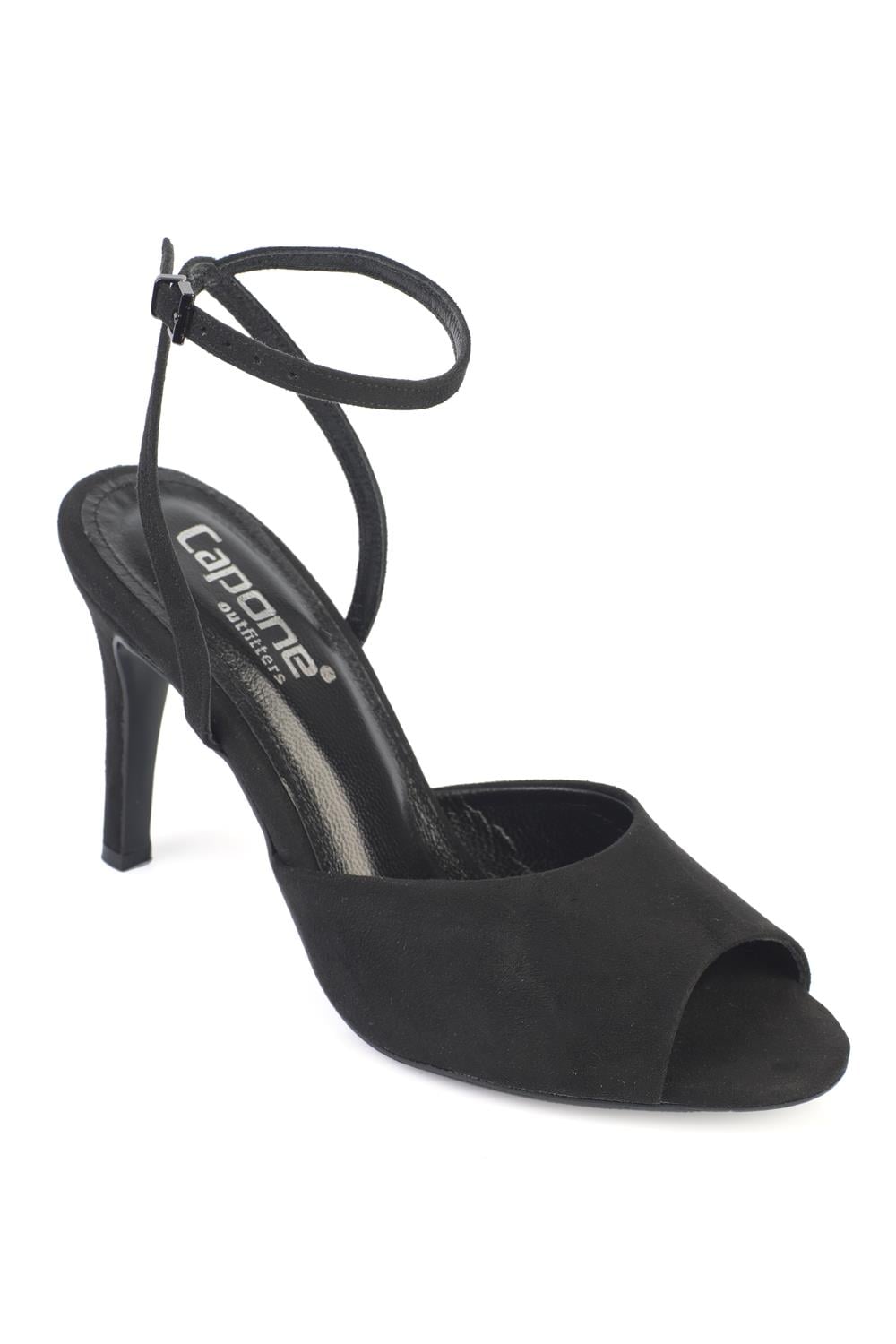 Capone Kenna Genuine Leather Lined Round Toe Mid Heel Ankle Strap Suede Look Women Sued Black Shoe