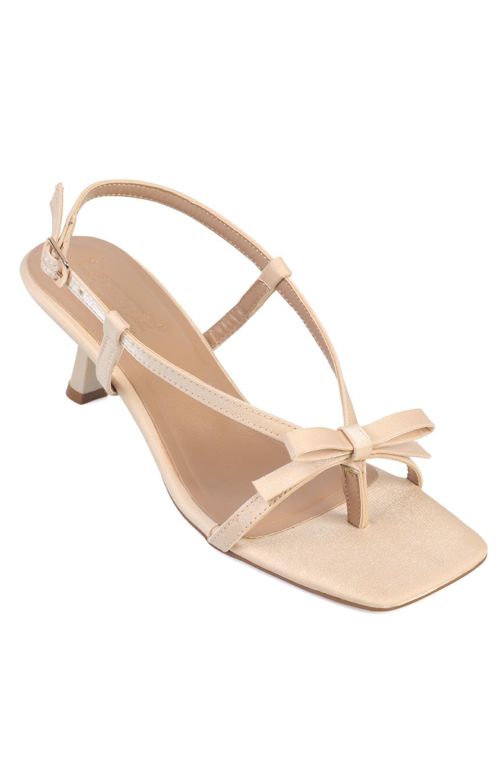 Capone Lacey Satin Mid Heel Square Toe Women Satin Beige Sandal