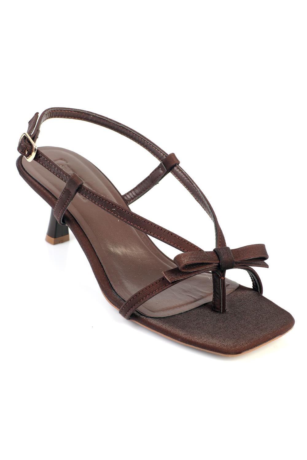 Capone Lacey Satin Mid Heel Square Toe Women Satin Brown Sandal