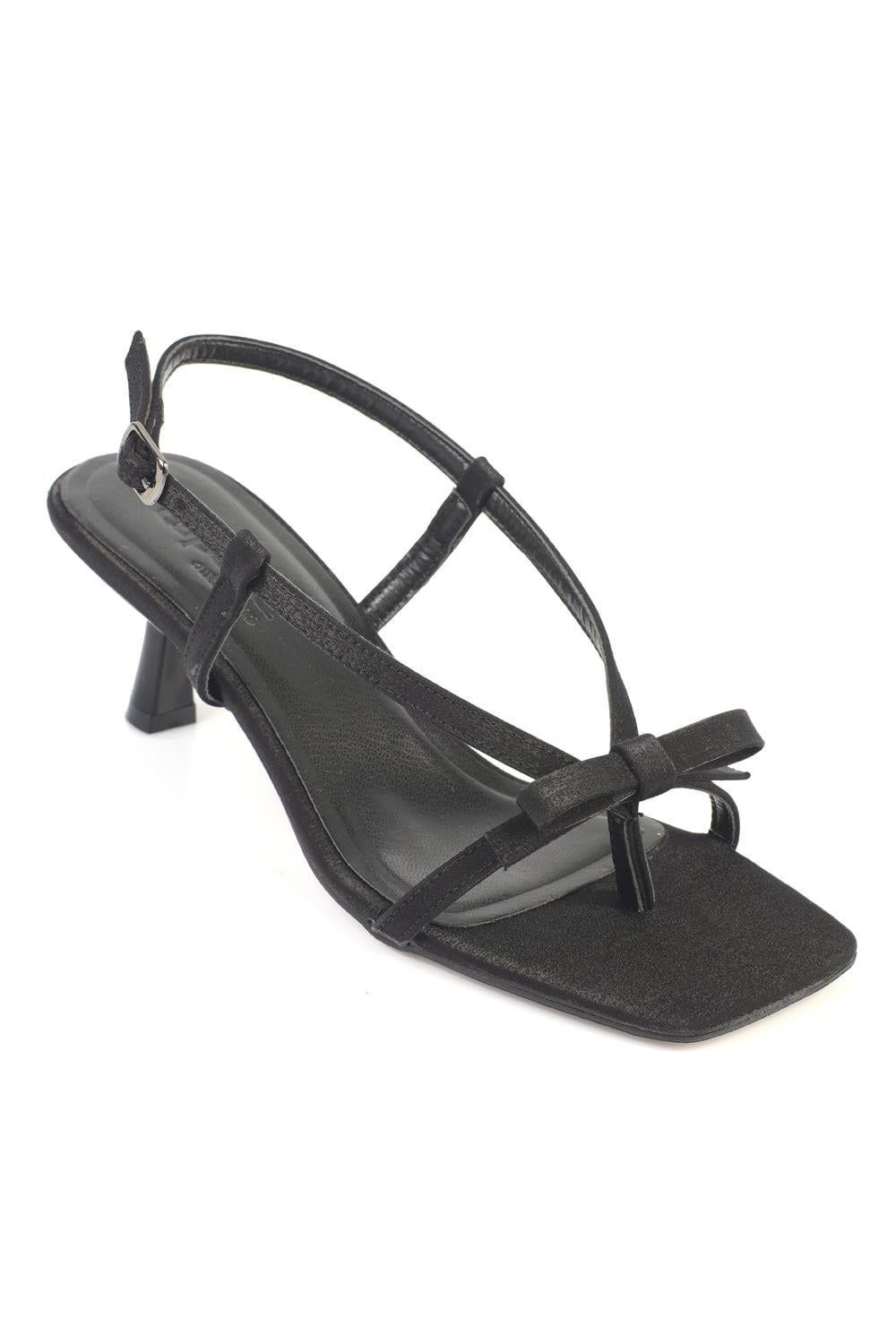 Capone Lacey Satin Mid Heel Square Toe Women Satin Black Sandal