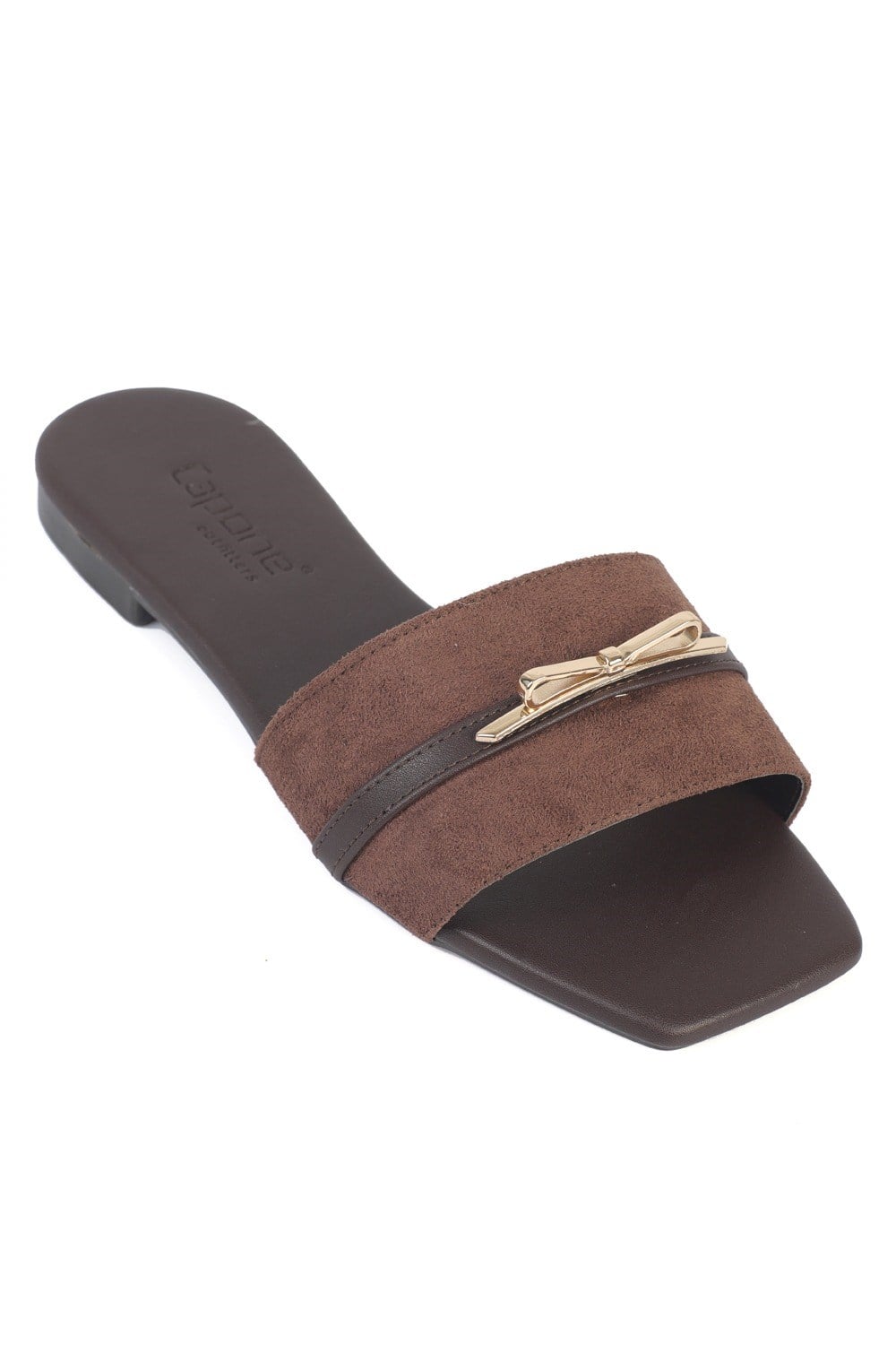 Capone Larina Square Toe Suede Look Single Band Flat Heel Women Sued Brown Sandal