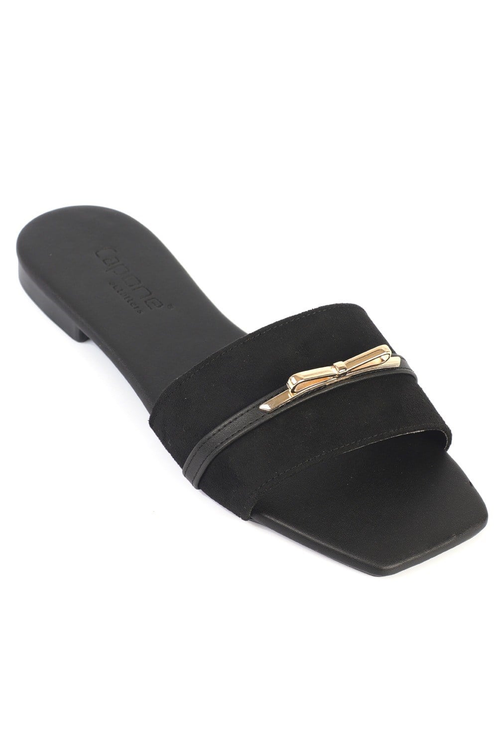 Capone Larina Square Toe Suede Look Single Band Flat Heel Women Sued Black Sandal
