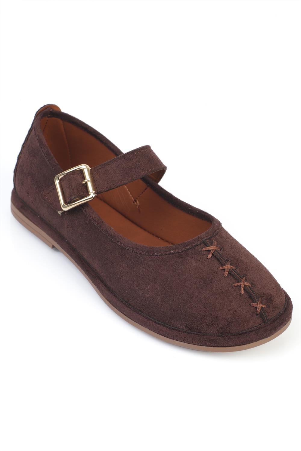 Capone Lauretta Suede Look Wrapped Edge Buckle Women Sued Brown Ballet Flat