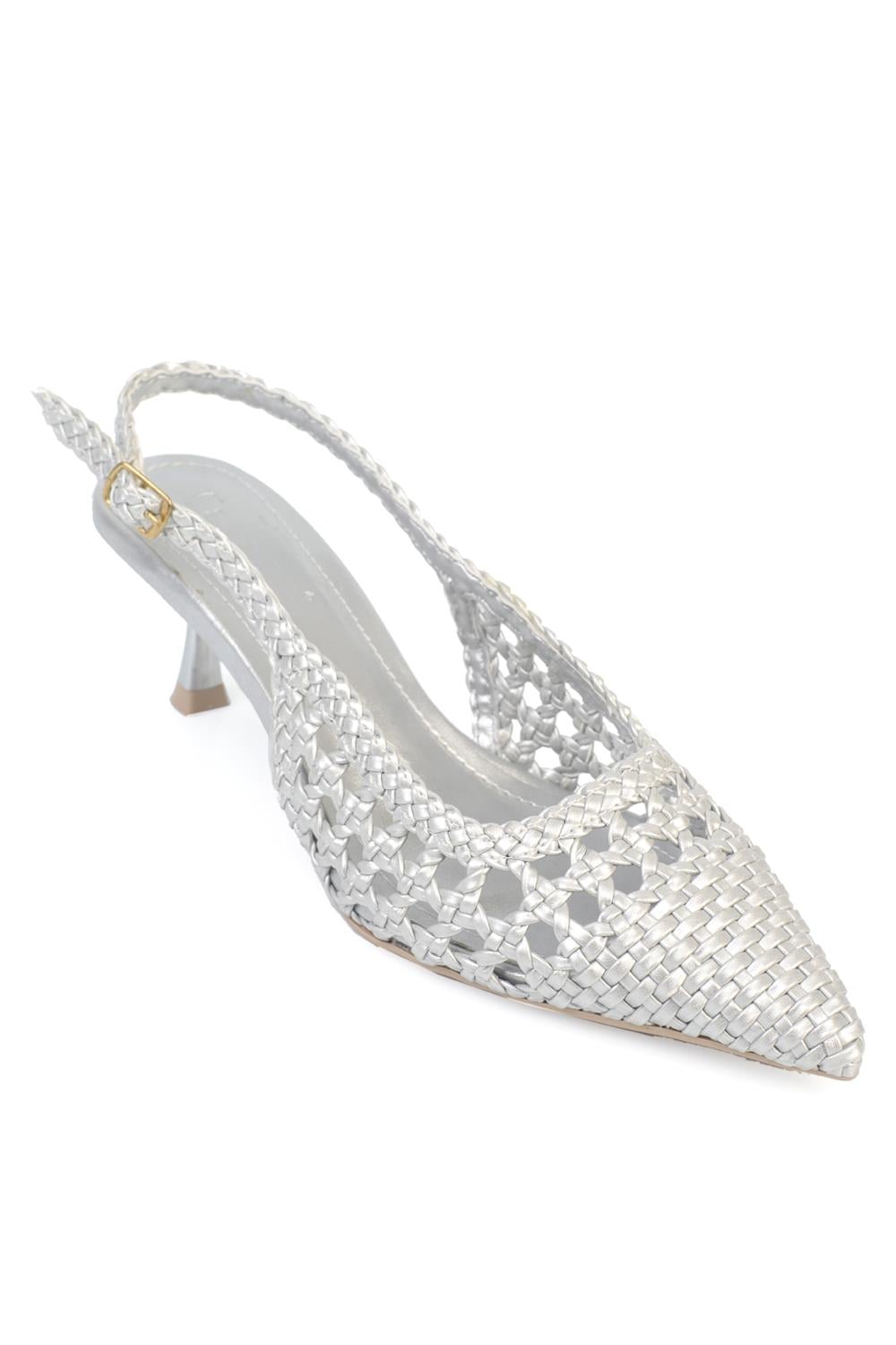 Capone Laurie Woven Pointed Toe Open Back Mid Heel Women Gümüş Shoe