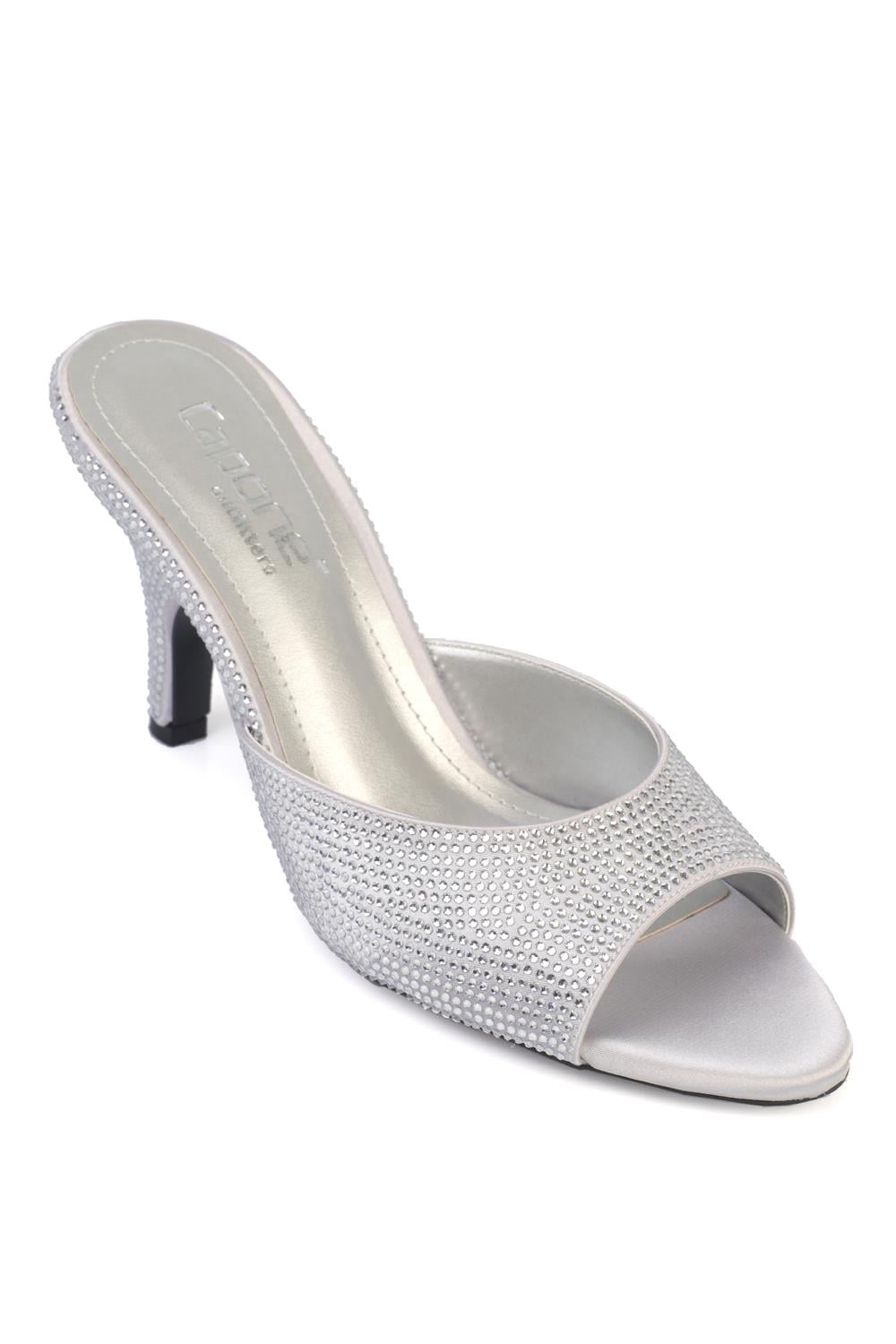 Capone Lenore Crystal Embellished Wedge Mid Heel Satin Women Silver Sandal