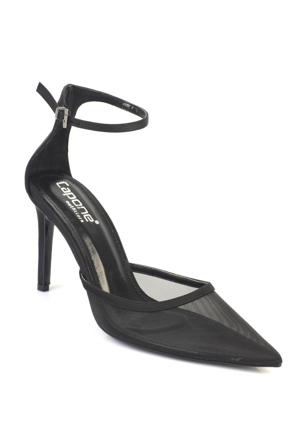 Capone Letitia Genuine Leather Lined Pointed Toe Mid Heel Mesh Satin Women Satin Black Shoe