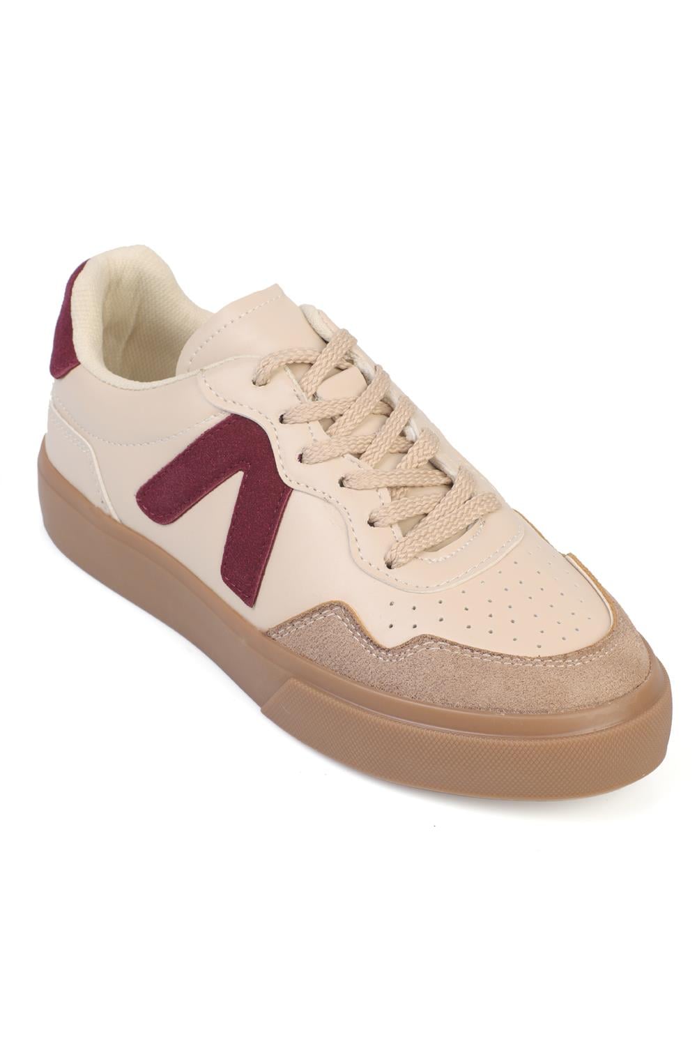 Capone Lianna V Detail Lace-Up Casual Sport Women Beige Burgundy Sneaker