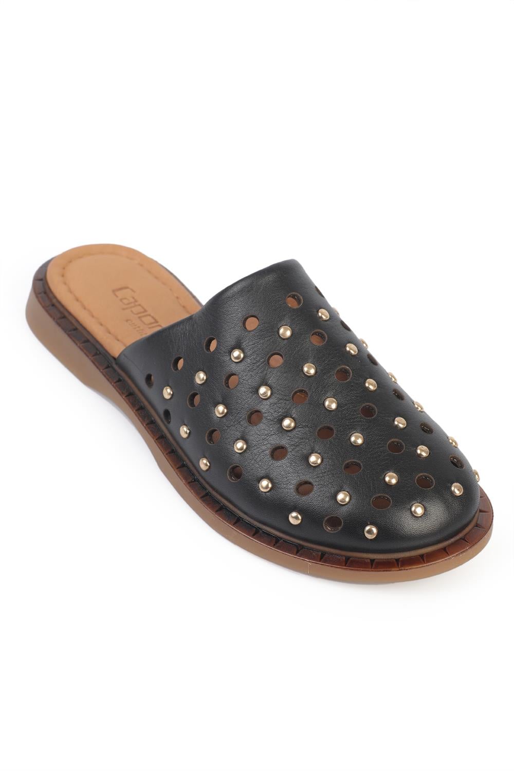 Capone Lidia Genuine Leather Flat Heel Studded Women Black Clog