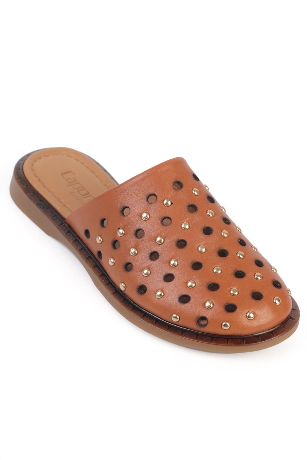Capone Lidia Genuine Leather Flat Heel Studded Women Tan Clog