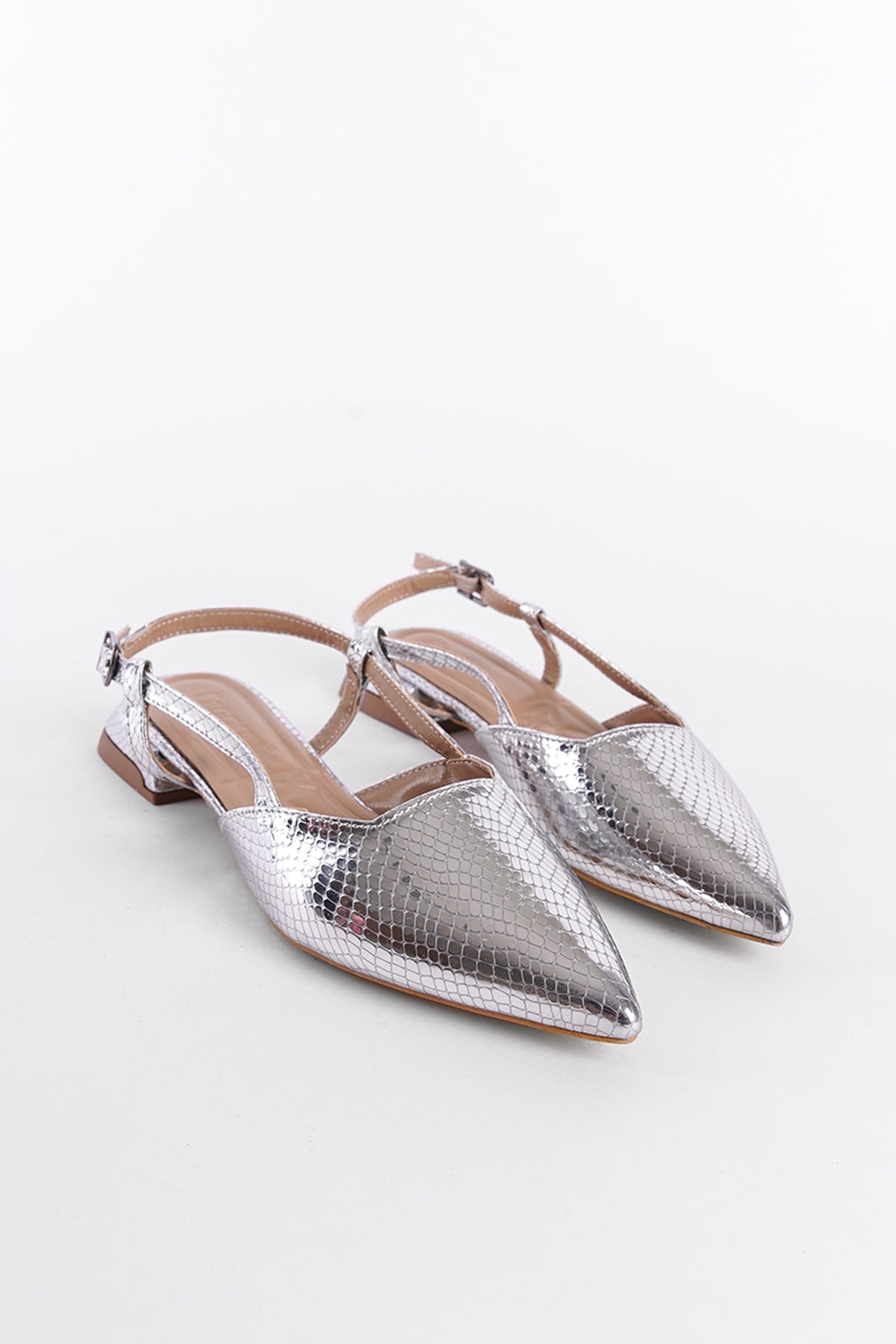 Capone Low Heel Back Strap Women Metallic Silver Shoes
