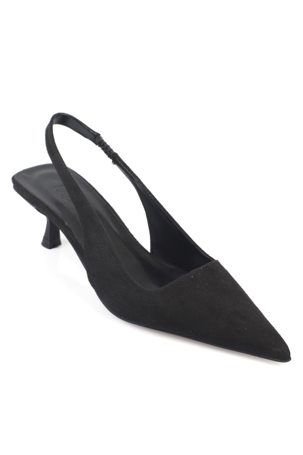 Capone  Lynett Pointed Toe Mid Heel Square Back Slingback Women Sued Black Shoe