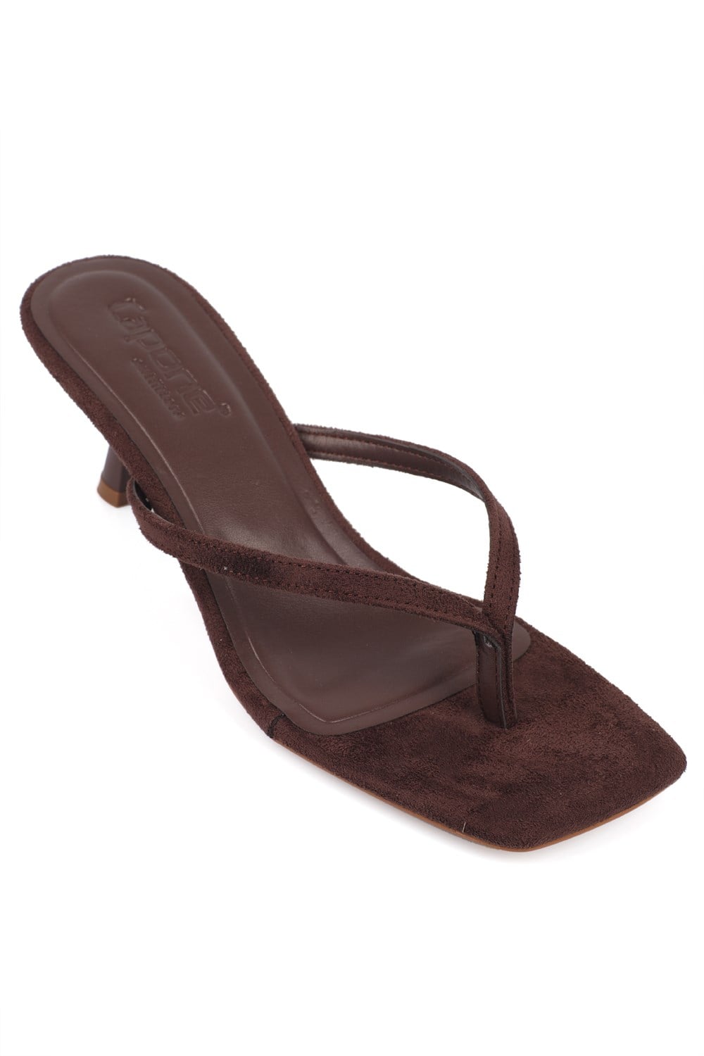 Capone Malory Slim Band Thong Square Toe Low Heel Women Sued Brown Sandal