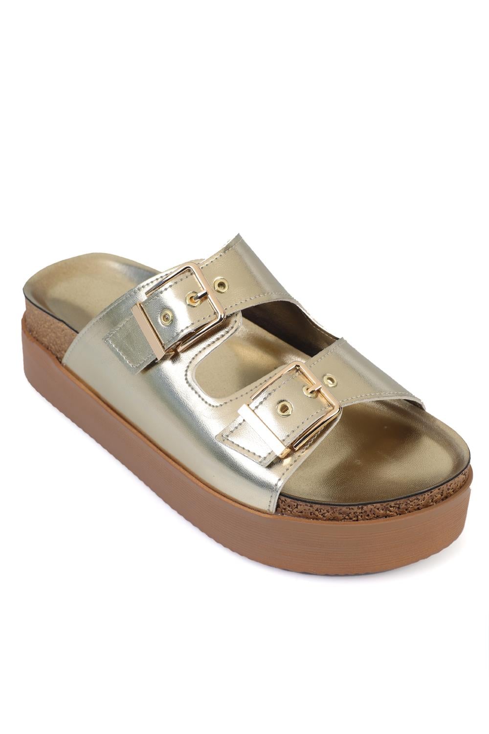 Capone Margy Wedge Heel Double Buckle Women Metallic Gold Comfort Sandals