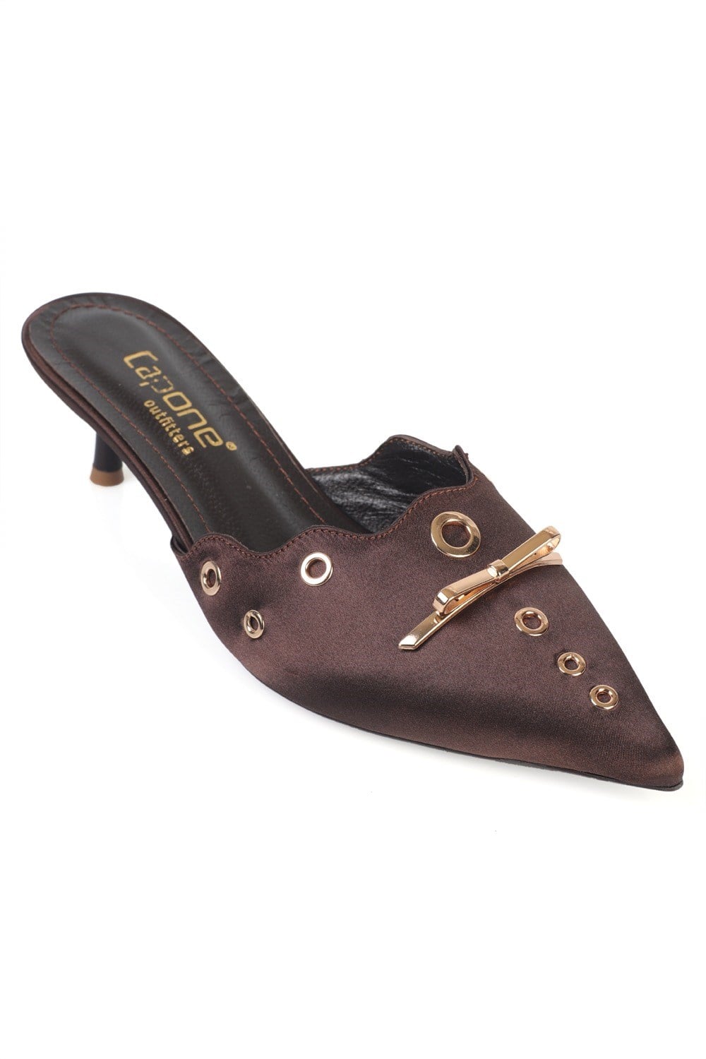 Capone  Mariette Pointed Toe Satin Metal Accessory Genuine Leather Lined Mid Heel Women Satin Brown Sandal