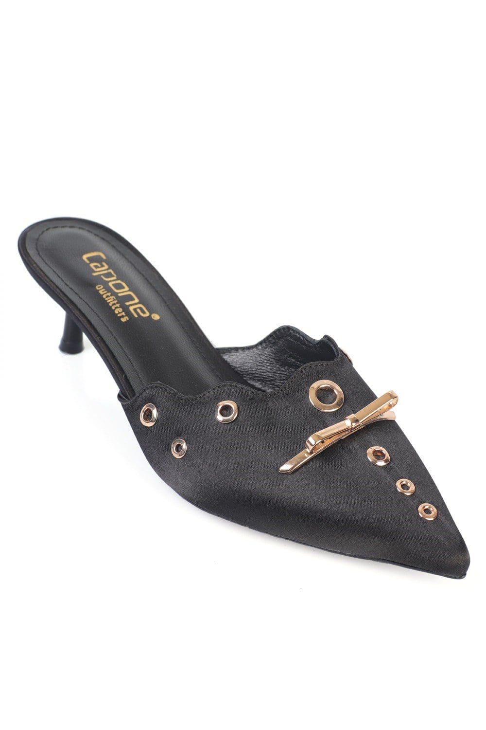 Capone  Mariette Pointed Toe Satin Metal Accessory Genuine Leather Lined Mid Heel Women Satin Black Sandal