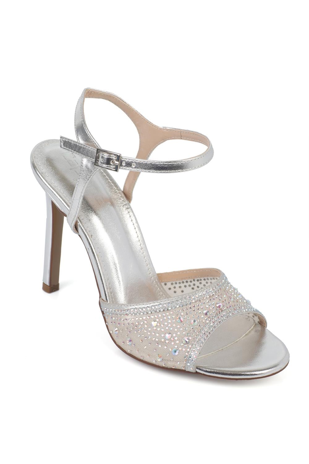 Capone Marney Crystal Embellished High Heel Ankle Strap Women Metallic Silver Wedding Shoe