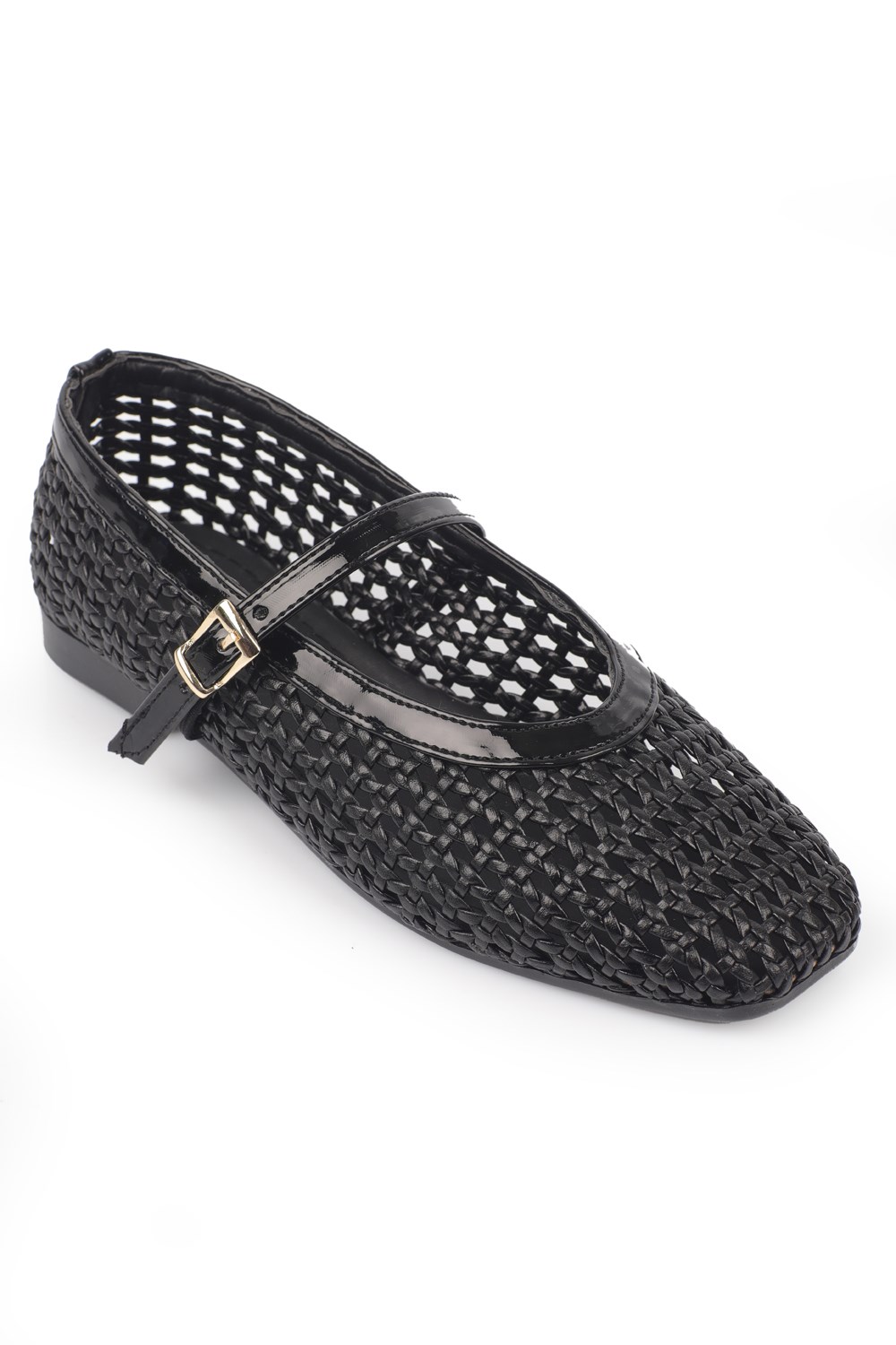 Capone Marnia Buckle Strap Square Toe Raffia Look Women Black Ballet Flat