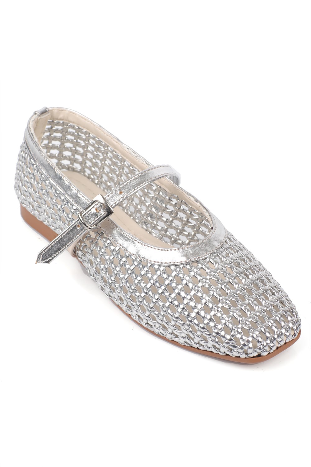 Capone Marnia Buckle Strap Square Toe Raffia Look Women Silver Ballet Flat