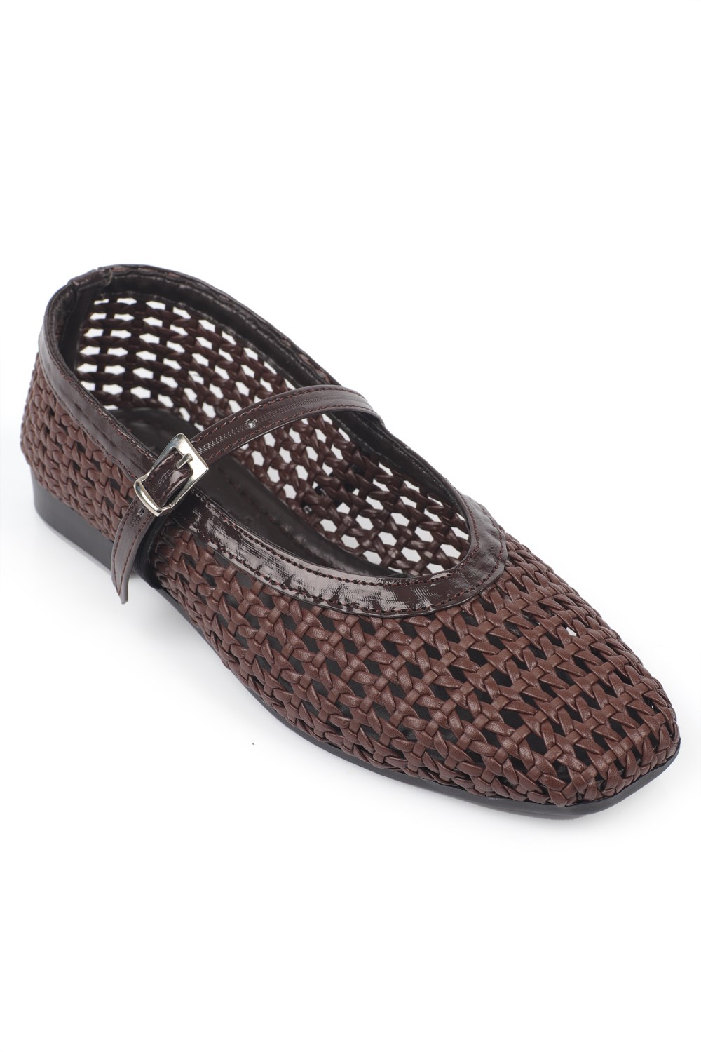 Capone Marnia Buckle Strap Square Toe Raffia Look Women Brown Ballet Flat
