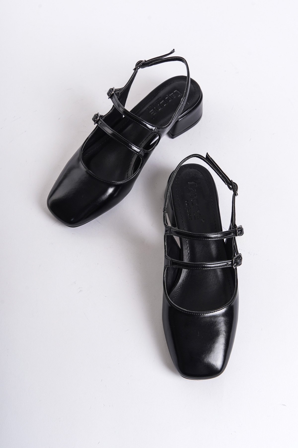 Capone Mary Jane Open Back Oval Toe Double Belted Women Black Shoes