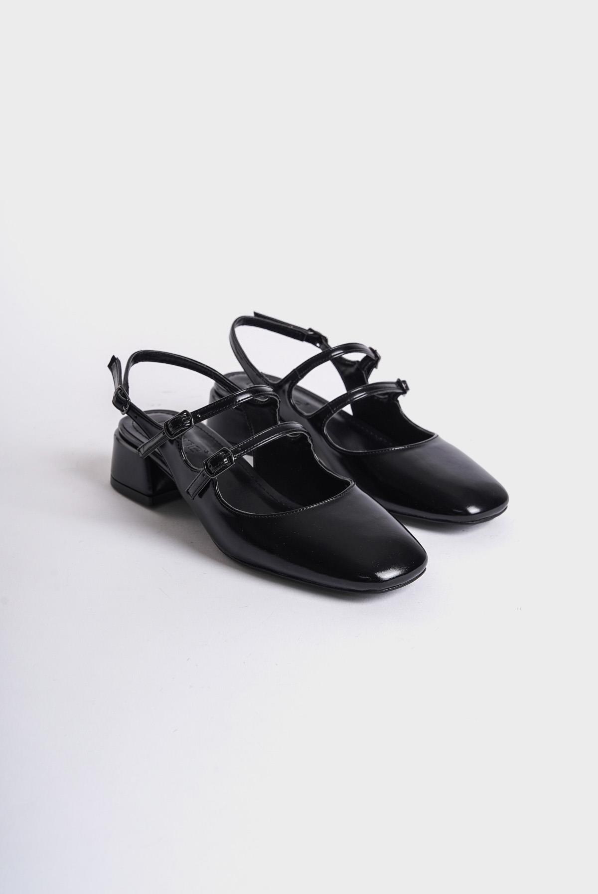 Capone Mary Jane Open Back Oval Toe Double Belted Women Black Shoes