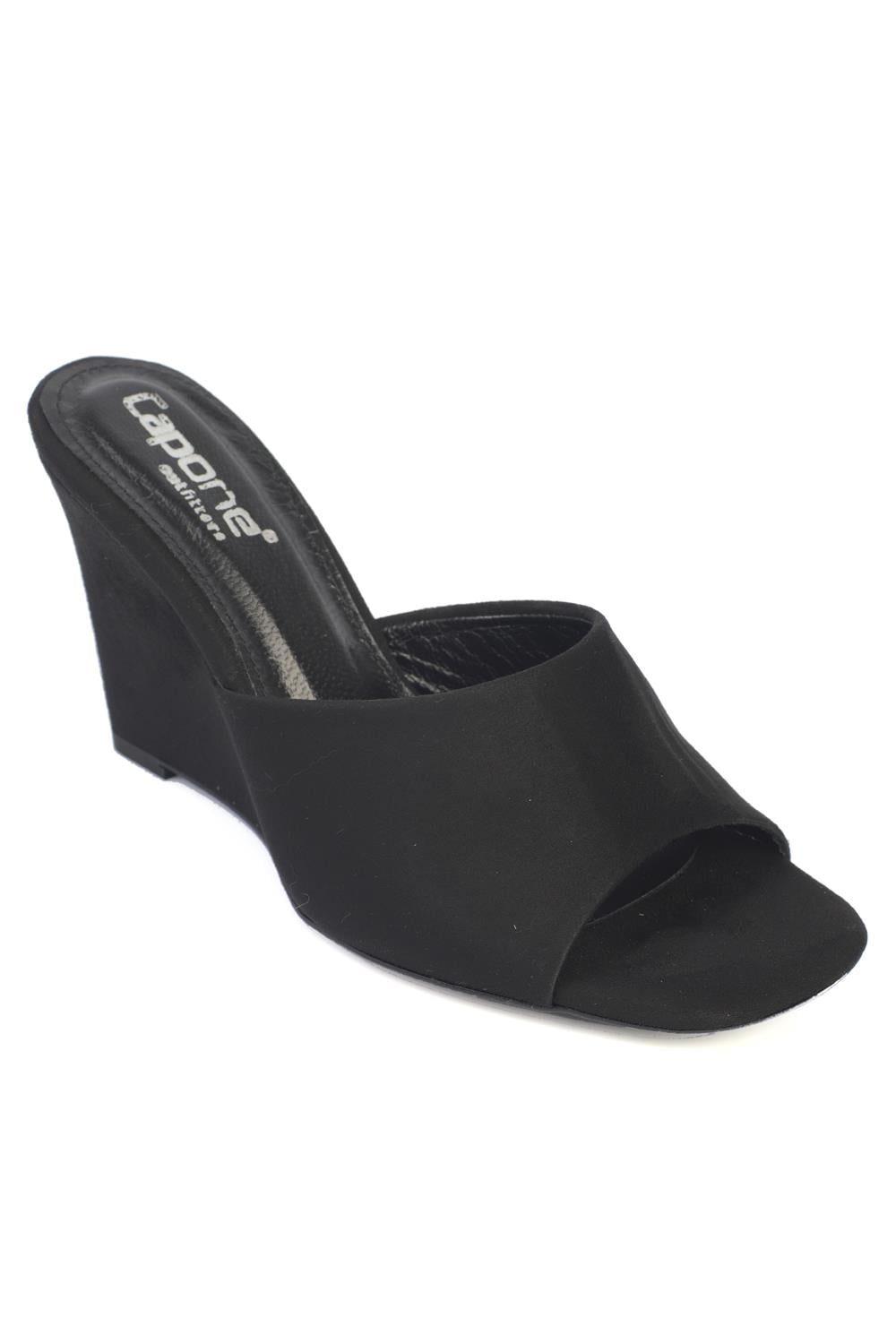 Capone Maurene Genuine Leather Lined Wedge Heel Women Sued Black Sandal