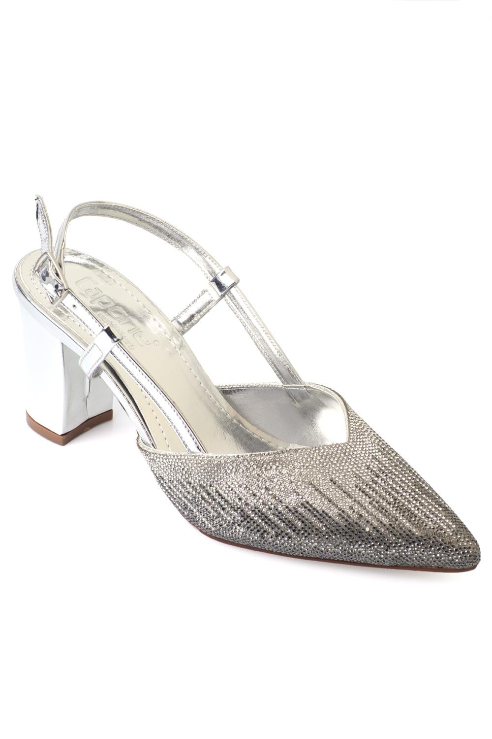 Capone Medium Heel Pointed Toe Crystal Embellished Women Silver Stylish Shoes