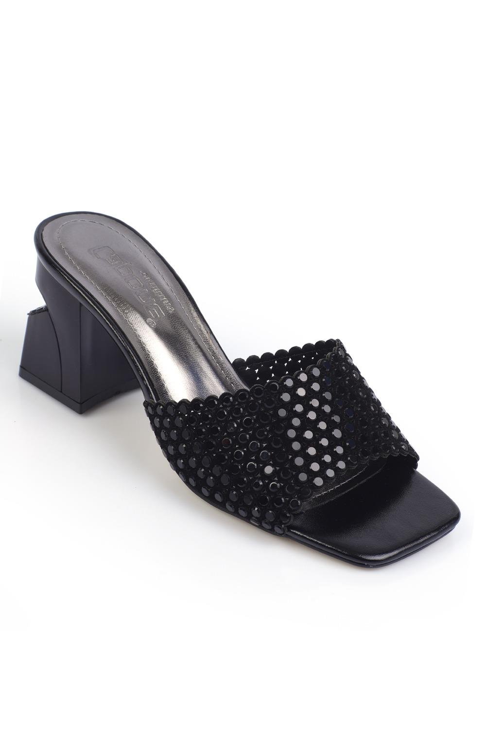 Capone Medium Heeled Blunt Toe Crystal Embellished Women Metallic Black Sandals
