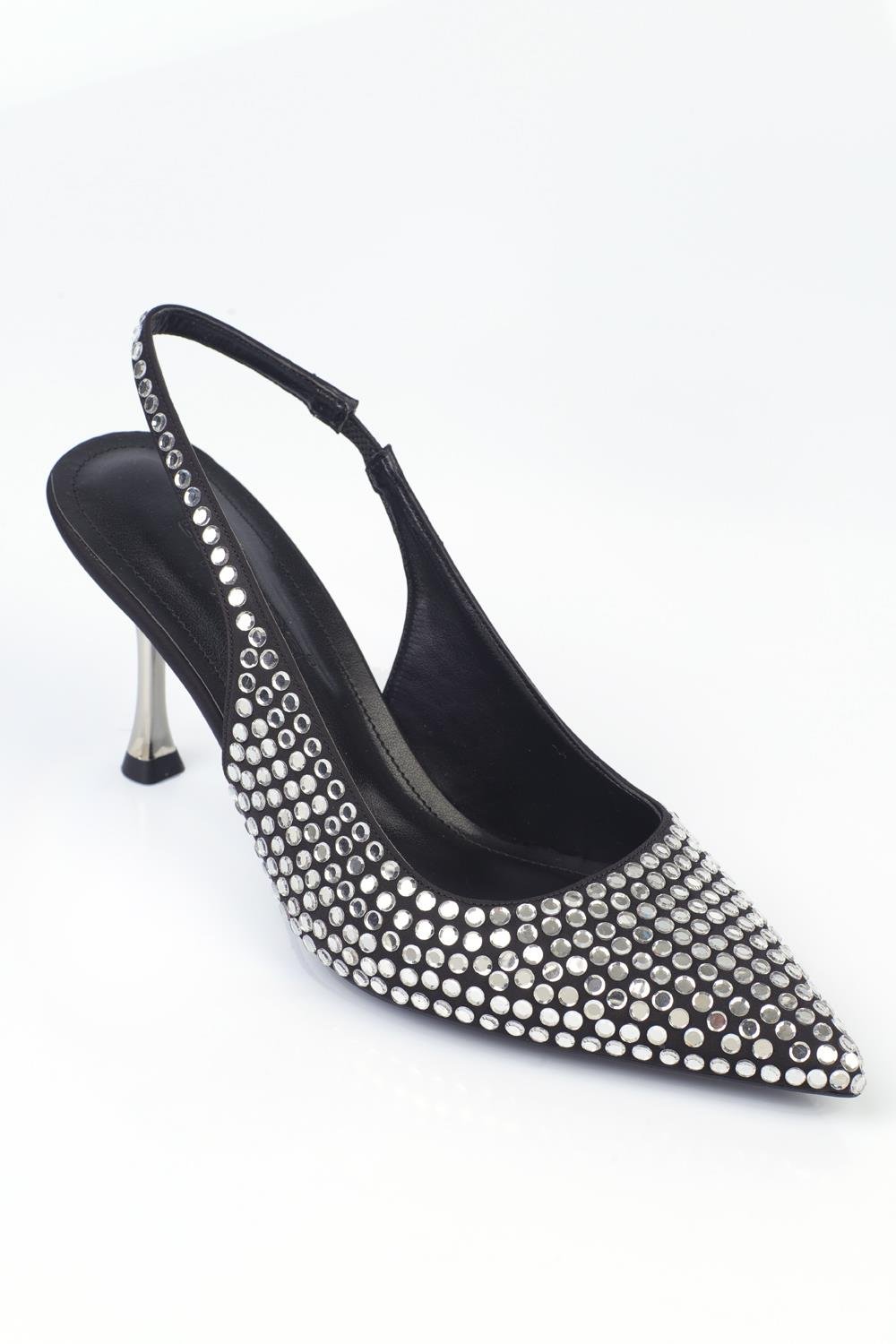 Capone Medium Heeled Full Crystal Embellished Metal Heeled Women Satin Black Stylish Shoes