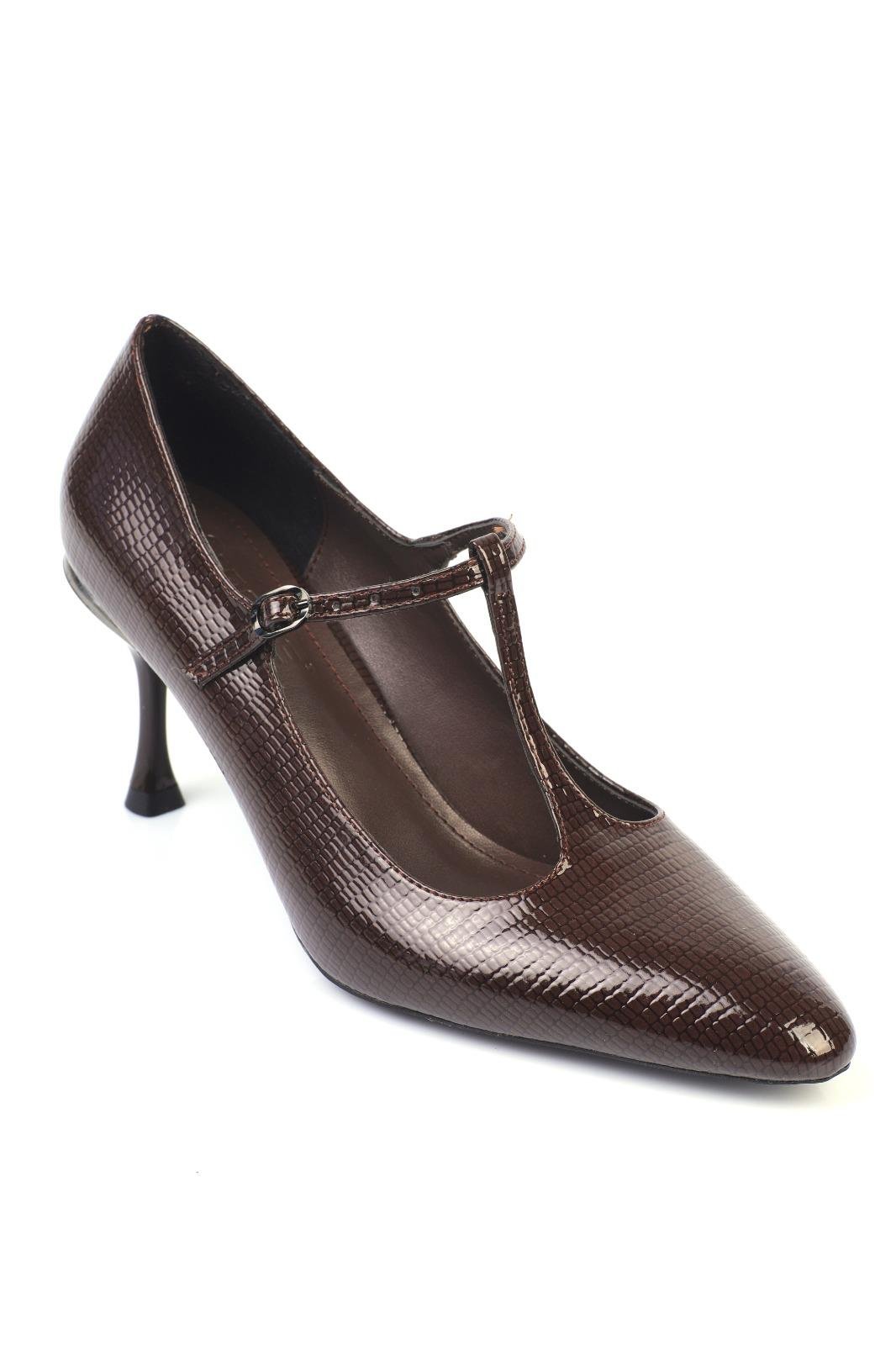 Capone Medium Heeled Strapped Snake Print Women Brown Shoes