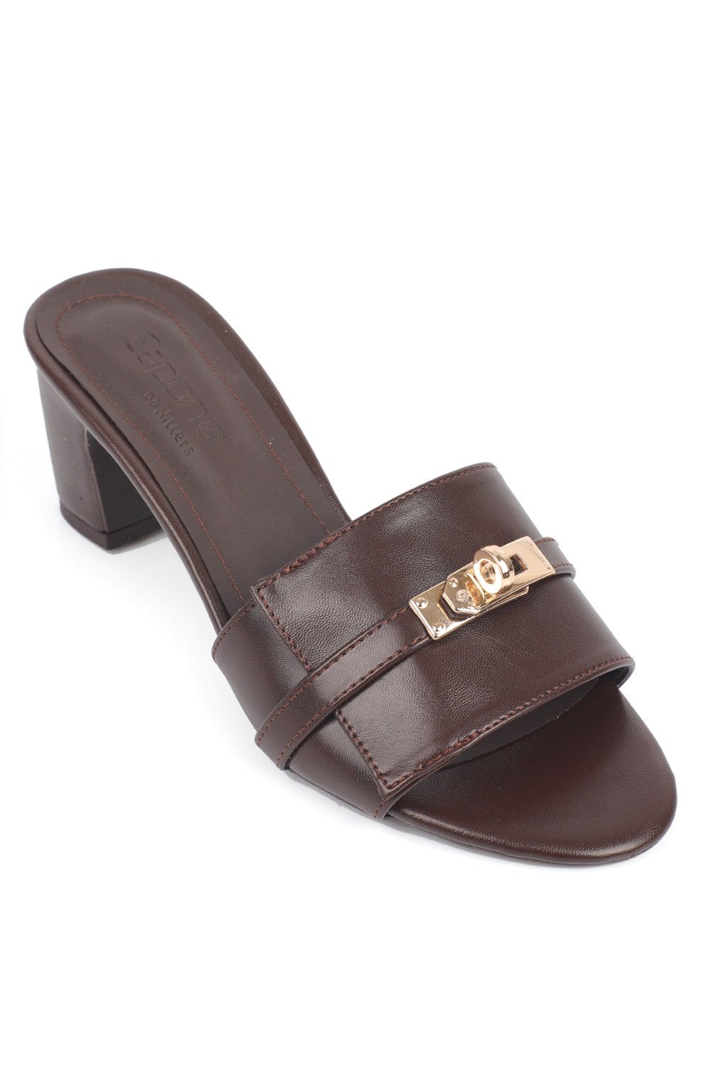 Capone Melinde Mid Heel Metal Buckle Single Band Women Brown Sandal