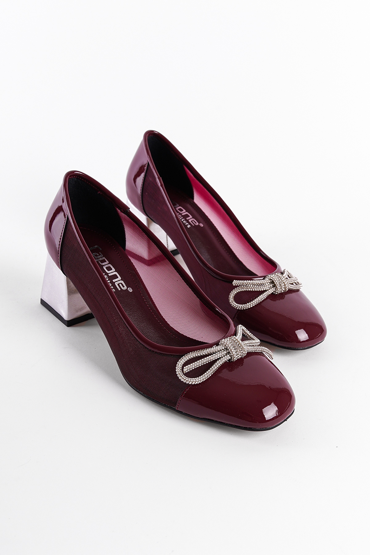 Capone Mesh Crystal Embellished Mid Heel Women Patent Burgundy Shoes