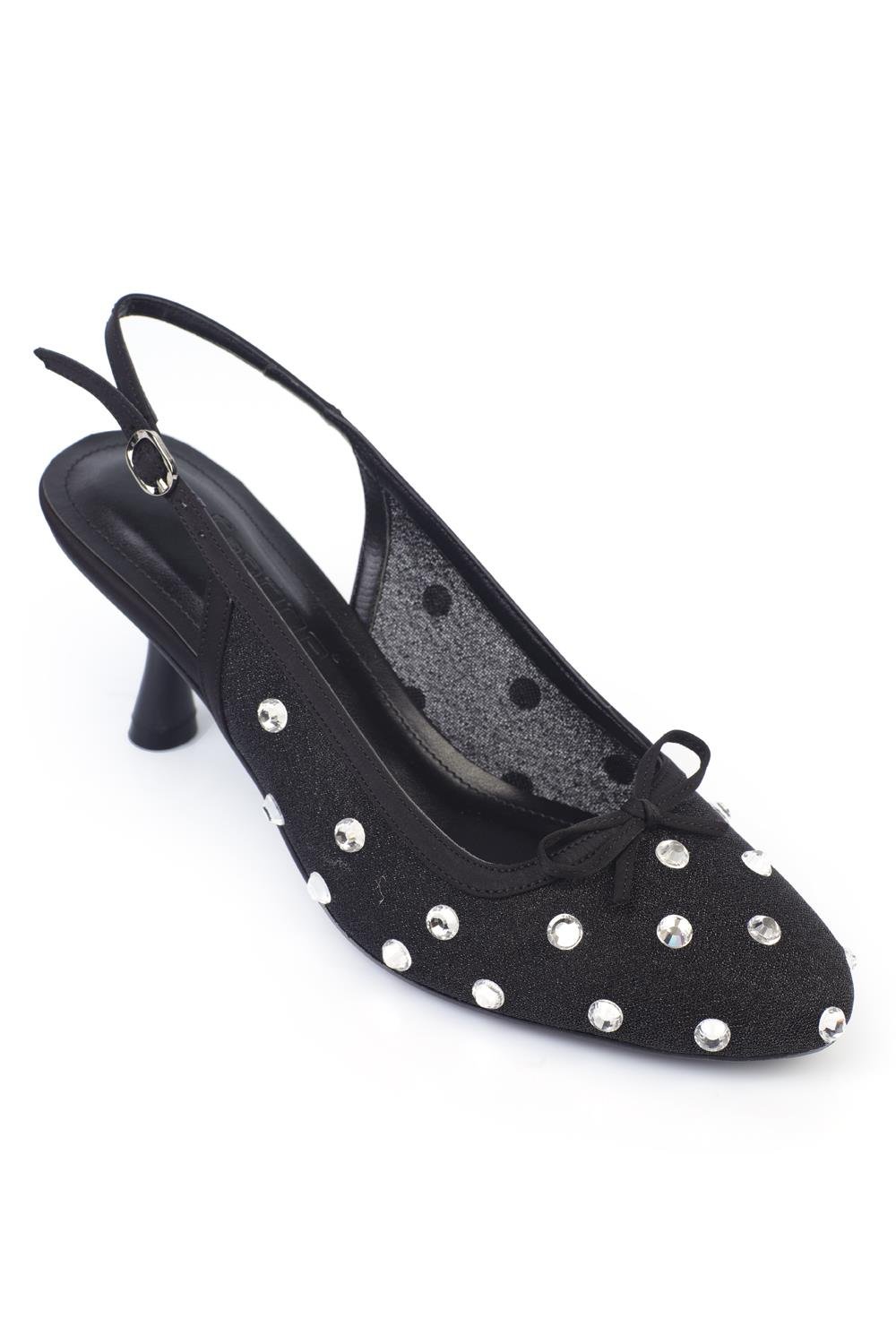 Capone Mesh Crystal Embellished Round Toe Back Strap Women Black Shoes