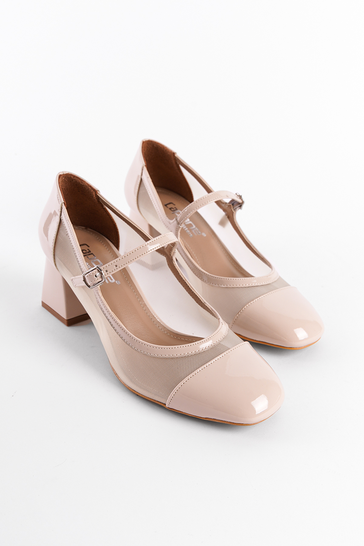 Capone Mesh Strapped Mid Heel Faux Patent Leather Women Patent Beige Shoes