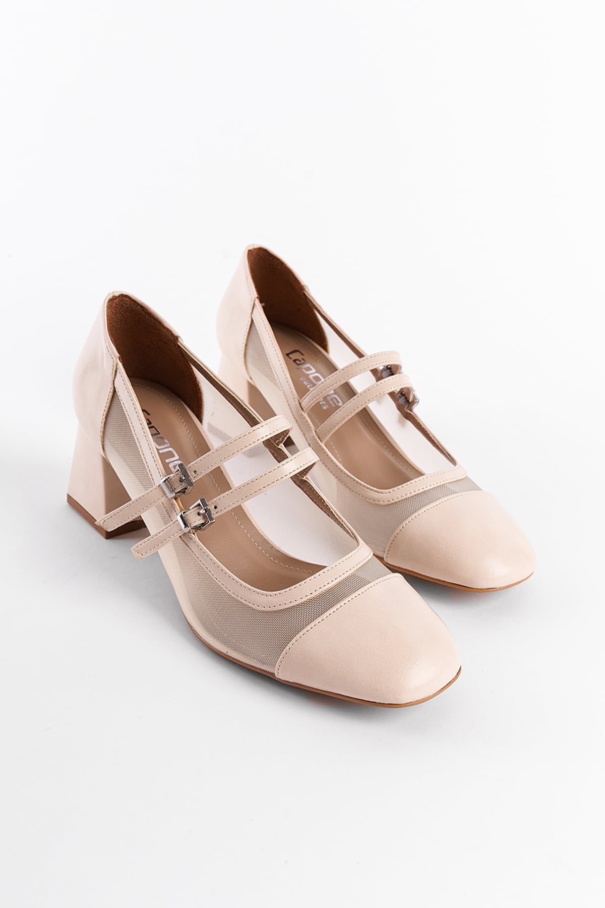 Capone Mesh Strapped Mid Heel Women Beige Shoes
